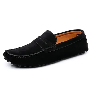 Classic men's black suede loafers slip-on driving shoes featuring pebbled rubber sole