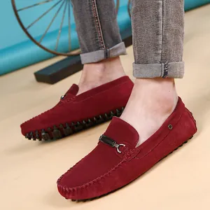 Stylish men's red suede slip-on loafers featuring a comfortable soft rubber nubuck sole