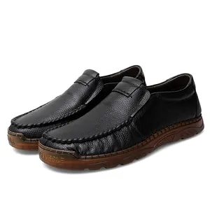 Men's black pebble grain leather casual slip-on loafers with flexible soft rubber sole