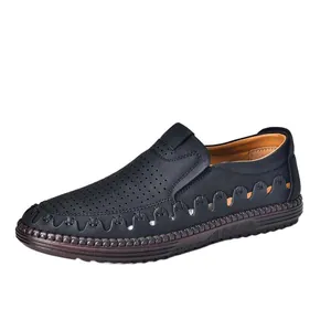 Chaussures de loisirs cousues main pour hommes en cuir noir respirant et perforé