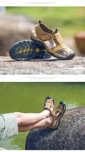 Vista dettagliata dei sandali chiusi kaki da uomo all'aperto e foto lifestyle indossata