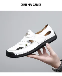 Side view of white breathable men's leather summer sandals with black stitched soles