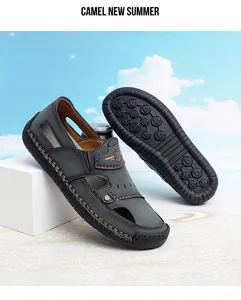 Close-up of men's breathable outdoor sandals with a soft rubber sole and hand-stitched details.