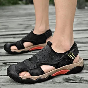 Men's closed-toe leather outdoor sandals featuring anti-slip soles for beach and hiking