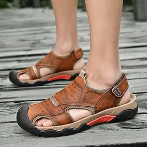 Professional men's outdoor cowhide sandals with closed-toe anti-slip rubber sole