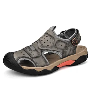Grey men's outdoor closed-toe sandals with anti-slip rubber sole for beach and hiking