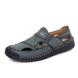 Men's breathable blue leather outdoor beach sandals with soft sole and stitch detail