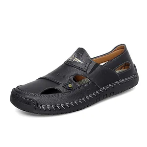Men's breathable black leather outdoor sandals with soft sole for summer beach walks