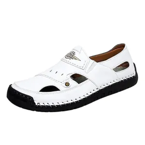 Men's stylish breathable white leather outdoor leisure sandals with durable soft rubber sole