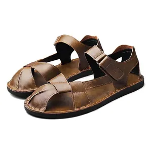 Classic brown leather Roman sandals for men with adjustable straps and flat soles