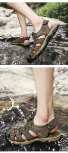 Detailed view of waterproof men's leather sandals with closed-toe design in water