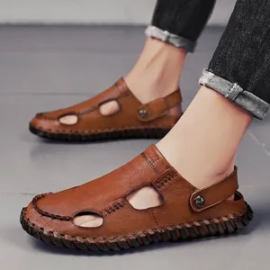 Heren Casual Echt Leren Gesloten Teen Sandalen Zomer Buiten Zachte Zool Strandschoenen Grote Maat Koeienhuid Slippers voor Mannen