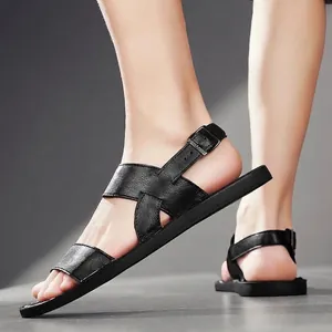 Heren zwarte leren Romeinse sandalen met platte antislipzool en verstelbare band