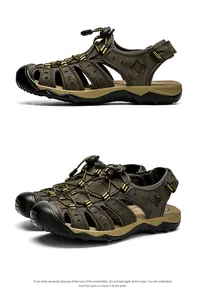 Durable men's leather outdoor sandals with protective toe cap and quick-lace system
