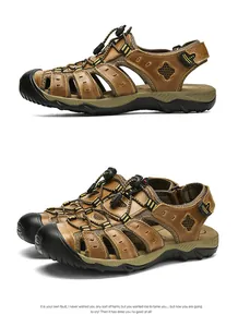 Detailed view of premium brown leather closed-toe outdoor sandals with elastic laces