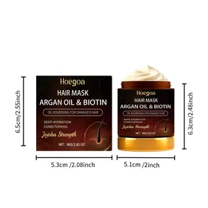 Detaillierte Maße der Hoegoa Haarmaske mit Arganöl und Biotin in der Verpackung.