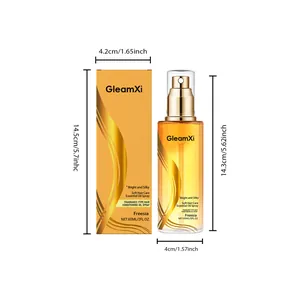 Detail des GleamXi Haarpflege-Ölsprays 60ml mit Abmessungen und Verpackung.
