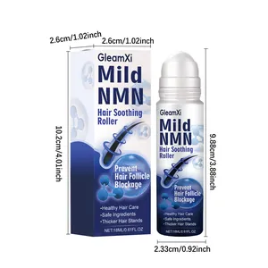 Detailed dimensions of GleamXi Mild NMN hair soothing roller and 18ml product box packaging.