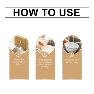 Guía de tres pasos para usar la esponja de limpieza de cocina ecológica en la vajilla.