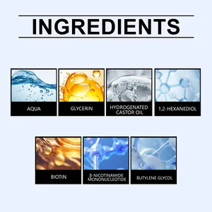 Ingredient list for hair care serum including Biotin and Glycerin shown with macro shots.