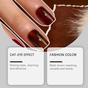 Dettaglio delle unghie a pressione cat-eye nero-marrone con lucentezza brillante e finitura trendy.