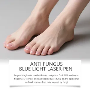 Macro view of healthy toenails with anti-fungus blue light laser pen feature description.