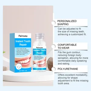 Detail view of Feimuko instant tooth repair beads with packaging and product features
