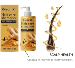 Detail van GleamXi shampoo fles, verpakking en de haargezondheid grafische weergave