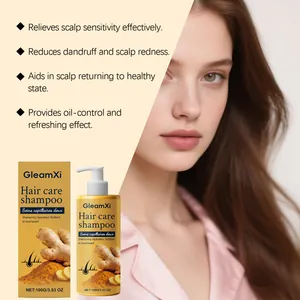 Detail van GleamXi gember shampoo met verzachtende voordelen voor de hoofdhuid en verpakking