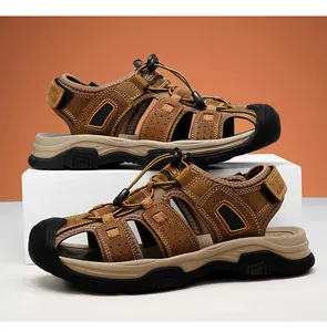 Sandales d'extérieur en cuir marron durable pour hommes avec mesh respirant et robuste