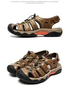 Detalle de sandalias de cuero para hombre con punta cerrada para actividades al aire libre.