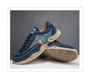 Detailed view of blue denim casual shoes with unique hand-stitched seams and octopus sole
