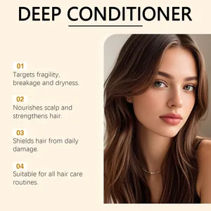 Deep nourishing conditioner detail showing healthy long brown hair on a model.