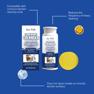 Infografía del limpiador y pulidor de utensilios Jue Fish con beneficios y esponja incluida