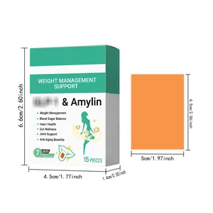 Weight management supplement box and patch dimensions shown in centimeters and inches