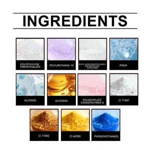 Detailansicht der Inhaltsstoffe für Gel-Nagelaufkleber einschließlich Aqua und Glycerin.