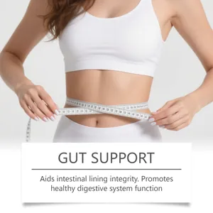 Close-up detail of a woman measuring her waist for gut support and digestive health.