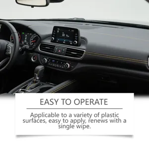 Close-up detail of car interior dashboard showing the effect of plastic restorer agent