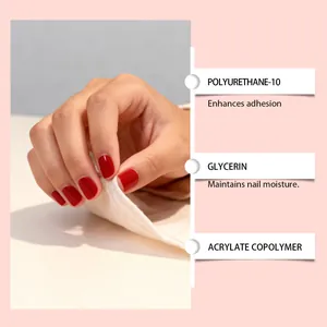 Detailansicht roter Soft-Gel-Nagelsticker mit Infos zu Inhaltsstoffen und Nutzen