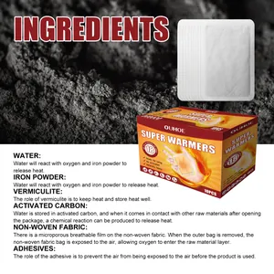 Detalle de los ingredientes de los calentadores corporales OUHOE con polvo de hierro