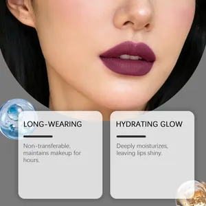 Close-up of violet moisturizing lip color showing long-wearing and hydrating effect.