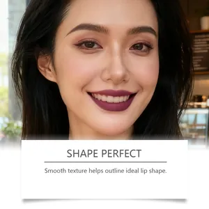 Close-up view of violet moisturizing lip liner showing a smooth and defined lip shape on model.