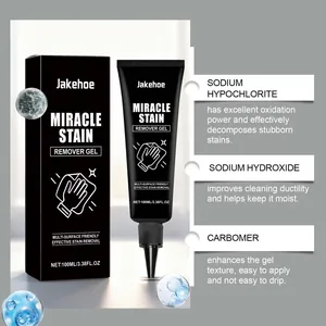 Vue détaillée du gel détachant Jakehoe présentant des ingrédients comme l'hypochlorite de sodium