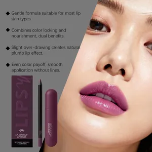 Violet lip gloss and lip liner set shown on model with smooth matte finish packaging
