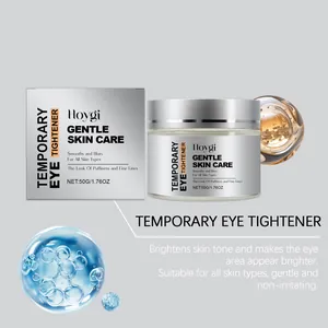 Detail shot of HOYGI eye tightener cream featuring hydrating serum bubbles and silver box