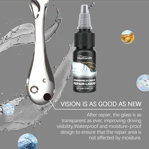 Professional windshield crack repair liquid bottle with crystal clear water drop detail.