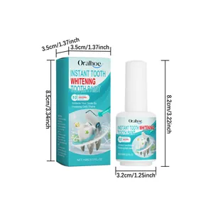 Detailed dimensions of Oralhoe Instant Tooth Whitening Paint bottle and its packaging box.