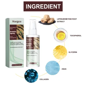 Detail view of Hoegoa protein hair spray showing maca essence and collagen ingredients