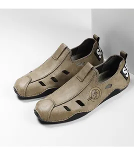 Chaussures décontractées en cuir marron pour hommes avec design ajouré respirant