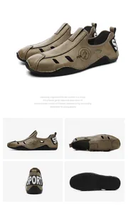 Vues multi-angles de chaussures en cuir respirantes pour hommes en couleur kaki.